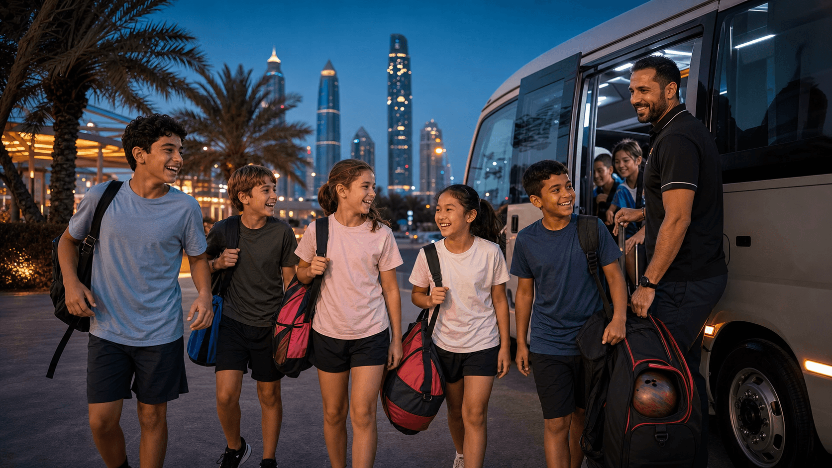200 Academy children leaving for an outing with their coach and bus